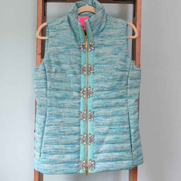 Lilly Pulitzer Jackets & Blazers - Lilly Pulitzer Noella Puffer Vest in Turquoise Oasis Resort Boucle Size S